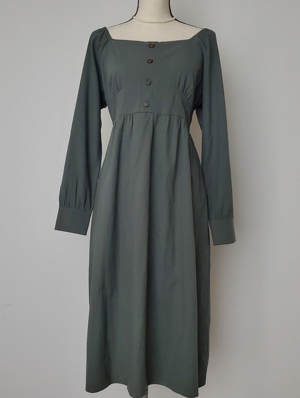 Paper Crane Olive Green Long Sleeve Square Neck Midi Dress Size Large